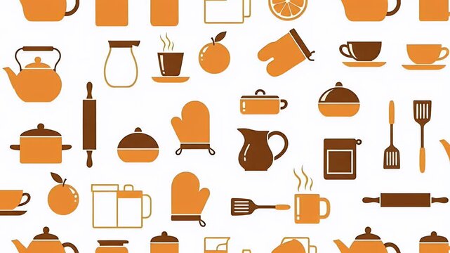 Orange and Brown Kitchen Utensils Seamless Pattern Motion Graphic