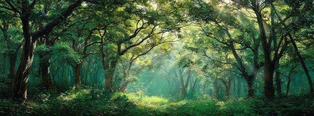 Lush forest landscape with trees and sunlight natural environment illustration