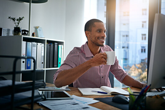 Media agency, coffee and black man in office, computer and reading with email for submission. African person, copywriting and journalist in workplace, pc and publication with caffeine or website blog