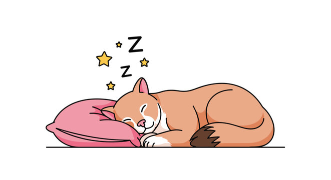 Adorable cartoon ginger cat peacefully sleeping on a soft pink pillow with 'Zzz' and stars indicating a deep, sweet dream.