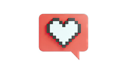 3D Pixelated Heart Icon in a Speech Bubble on transparent background