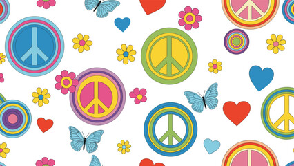 Colorful peace symbols hearts flowers and butterflies seamless hippie background pattern representing love freedom happiness retro boho illustration © Ideasy Mind
