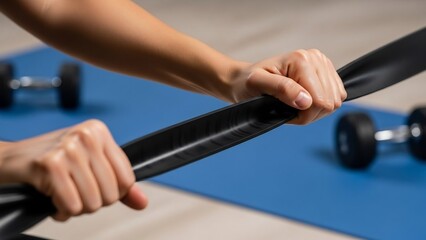 Hands gripping a black resistance band during a workout, with dumbbells on a blue mat in the background