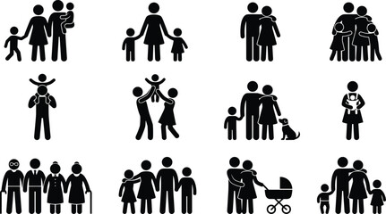 Family silhouette icon set showing parents, children, and generations together, black pictogram illustration for relationships, parenting, love, and social concepts