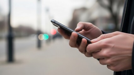Hands holding and using a smartphone outdoors with blurred colorful bokeh lights in the background