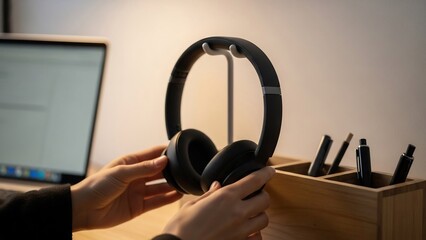Hands holding black over-ear headphones, with a laptop and pens in a wooden holder on a desk.