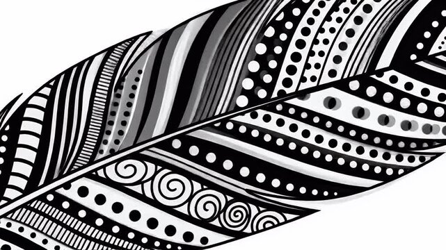 Ornate Black and White Feather Zentangle Pattern Isolated on White Background