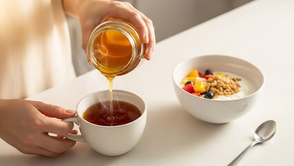 Hands pouring golden honey from a glass jar into a steaming white mug of tea, with a bowl of yogurt and fruit in the background.