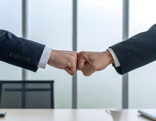 Close up of two people bumping fists in business setting