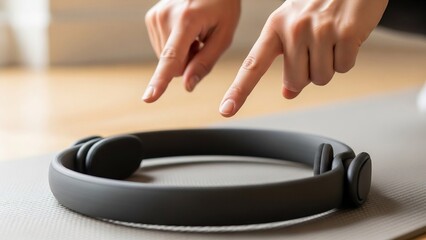 Hands pointing down at a dark gray pilates ring resting on a yoga mat, suggesting a fitness or exercise concept.