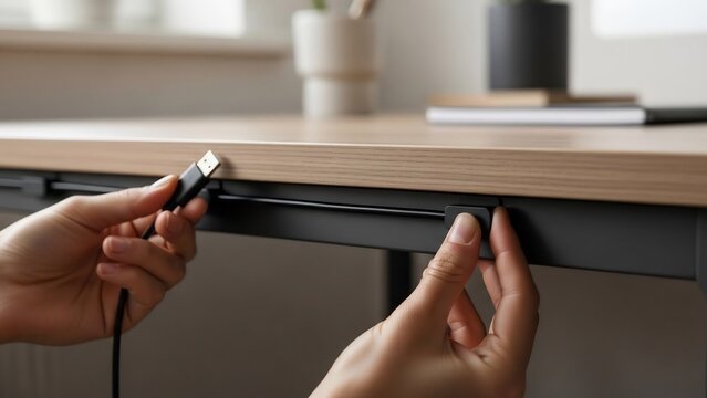 Hands organizing cables by plugging usb cord into a black cable management clip under a light wood desk