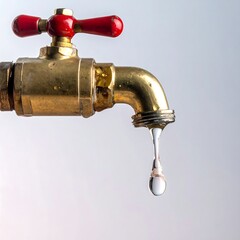 Close-up of a brass faucet with a single water droplet falling