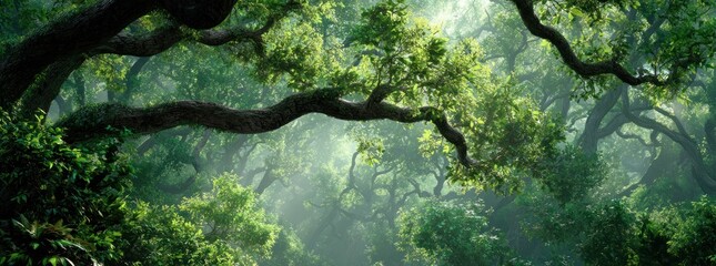 Forest canopy with lush green foliage sunlight streaming through branches
