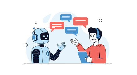 Human customer service agent with a headset collaborating with an AI robot chatbot to provide efficient user support and assistance.