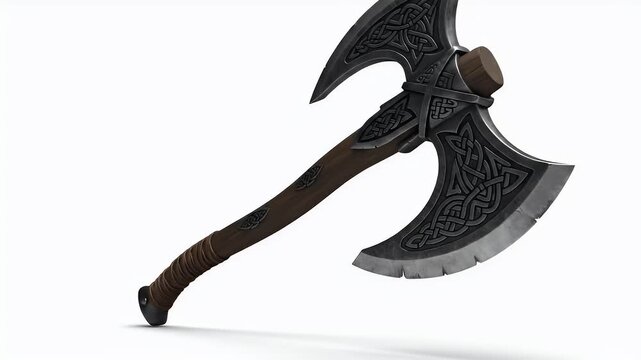 Ornate Viking Battle Axe With Intricate Metalwork and Brown Leather Handle