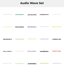 A collection of colorful audio waveform patterns on a white background for music or podcast designs