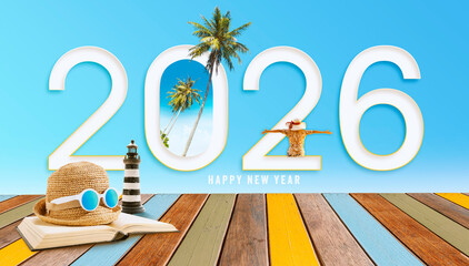 Happy new year 2026.Tourism has begun. A woman is welcoming the new year at the seaside. planning for new destination.