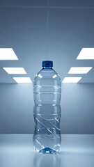 Clear plastic bottle filled with water on a white surface, lit room