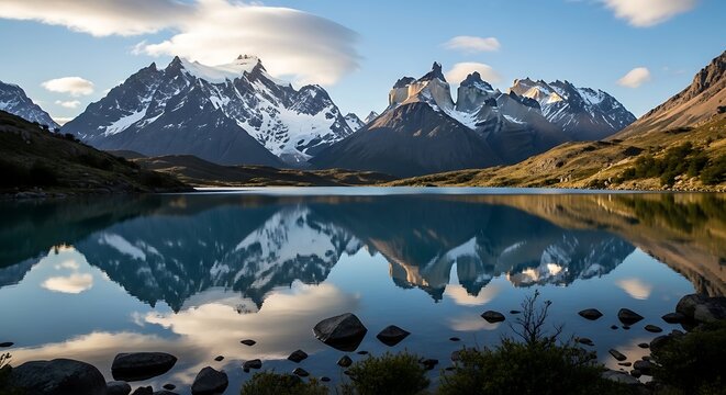 Majestic Cuernos del Paine mountains reflecting in a tranquil lake in Patagonia. - Powered by Adobe
