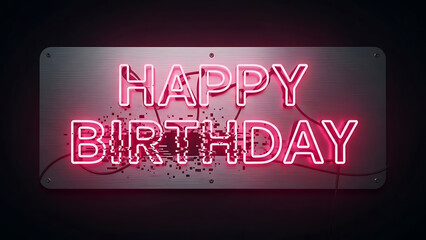 Retro Neon Tube Happy Birthday Sign with a Digital Glitch Effect Creating Abstract Empty Spaces on a Matte Black Background