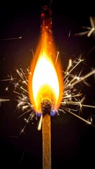 Close-up of a burning match with sparks against a black backdrop