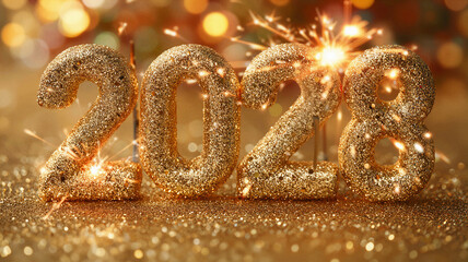 Golden 2028 new year numbers sparkling celebration