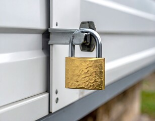 Close-up of a golden padlock securing the door of a white storage container