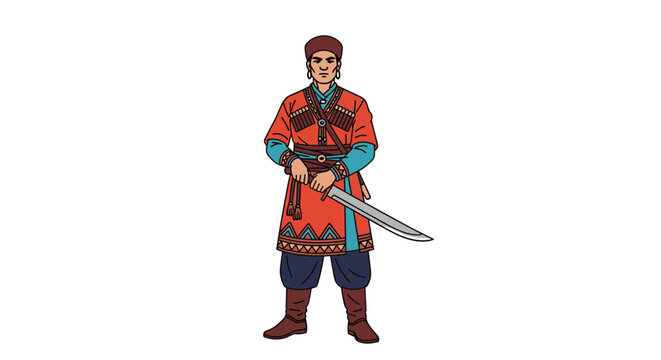Circassian warrior in traditional red and blue clothing, holding a shashka sword and standing ready for battle in a historical depiction.