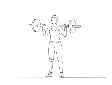 Continuous Line Art of Woman Lifting Barbell Overhead. Editable stroke.