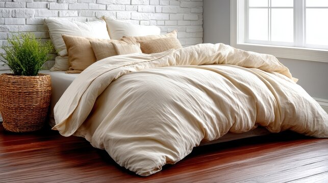 Serene white bed arrangement neatly made bed showcasing crisp white comforter plush pillows inviting serene relaxation