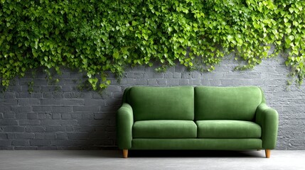 Green couch against brick wall sofa with green upholstery placed before textured brick wall depicting minimalist living space