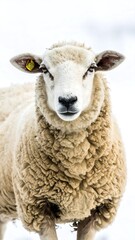 Close-up of a sheep facing the camera against a blurred white background