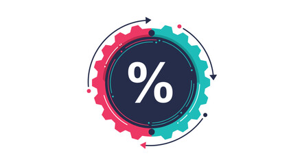 Modern flat design icon with a percentage symbol inside rotating gears, representing financial processes, discounts, or loan rates.