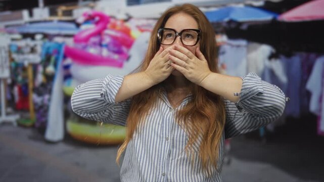Woman covers mouth with hands amid colorful souvenir stall on a bustling urban street market scene; surprise.
