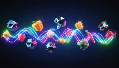 Futuristic Holographic Vegetables with Neon Light and Digital Flow Effect