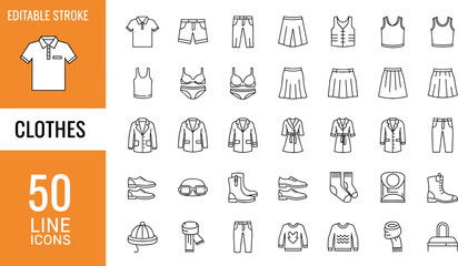 Fototapeta premium Set of clothes and fashion vector line icons featuring shirt pants and accessories with editable stroke for apparel store