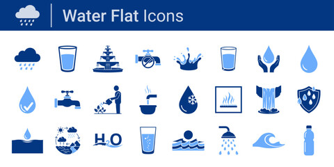Water Flat Icons Set Blue Water Drops, Tap, Glass, Rain, Wave and Ecology Symbols