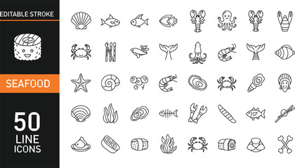 Set of seafood and ocean vector line icons featuring fish, crab, and sushi symbols with editable stroke for restaurant menu © Fuad Creatives 