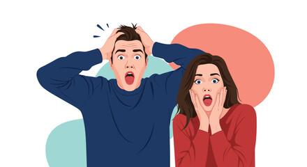 Young man and woman with hands on heads and faces showing extreme shock and huge surprise at very unexpected news or information.