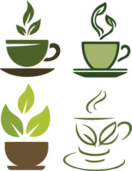 A set of four stylized vector illustrations featuring herbal tea cups infused with botanical elements