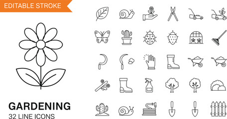 Set of gardening and nature vector line icons featuring farming tools, plants, and flowers with editable stroke for agriculture design © Fuad Creatives 