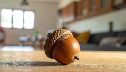 Close-up of a single acorn sitting on a wooden surface with soft focus background
