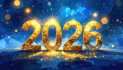 2026 Happy New Year Celebration - Golden Number With Glitter At Blue Eve Night In Abstract Defocused Lights - Greeting Card