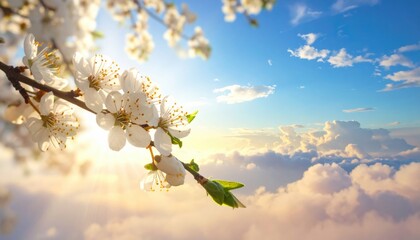 Abstract Spring - White Blossoming Branch With Sunlight And Blue Sky.