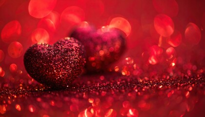 Abstract Defocused Valentines Card With Red Hearts On Shiny Glitter