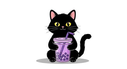 Black Cat Drinking Purple Bubble Tea Cartoon.