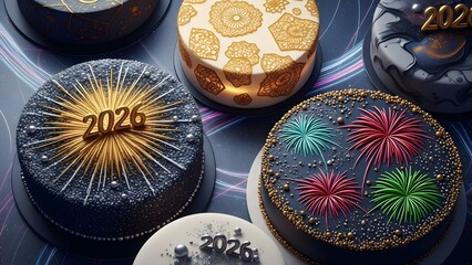 New Year's celebration cakes with fireworks and gold decorations