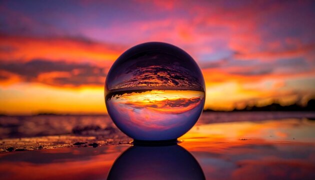 Glass sphere reflecting sunset on dark surface, vibrant sky and optical inversion