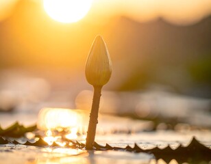 Close-up of a lotus bud with sunset glow