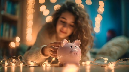 young woman with piggy bank